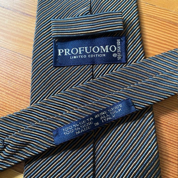 Profuomo Limited Edition Silk Neck Tie Made In Italy Gray Gold Stripe 4 x 58 in - Picture 2 of 4